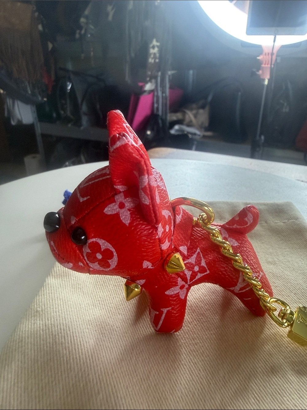 Mini Red & Pink Patterned Dog Charm Keychain with Gold Chain